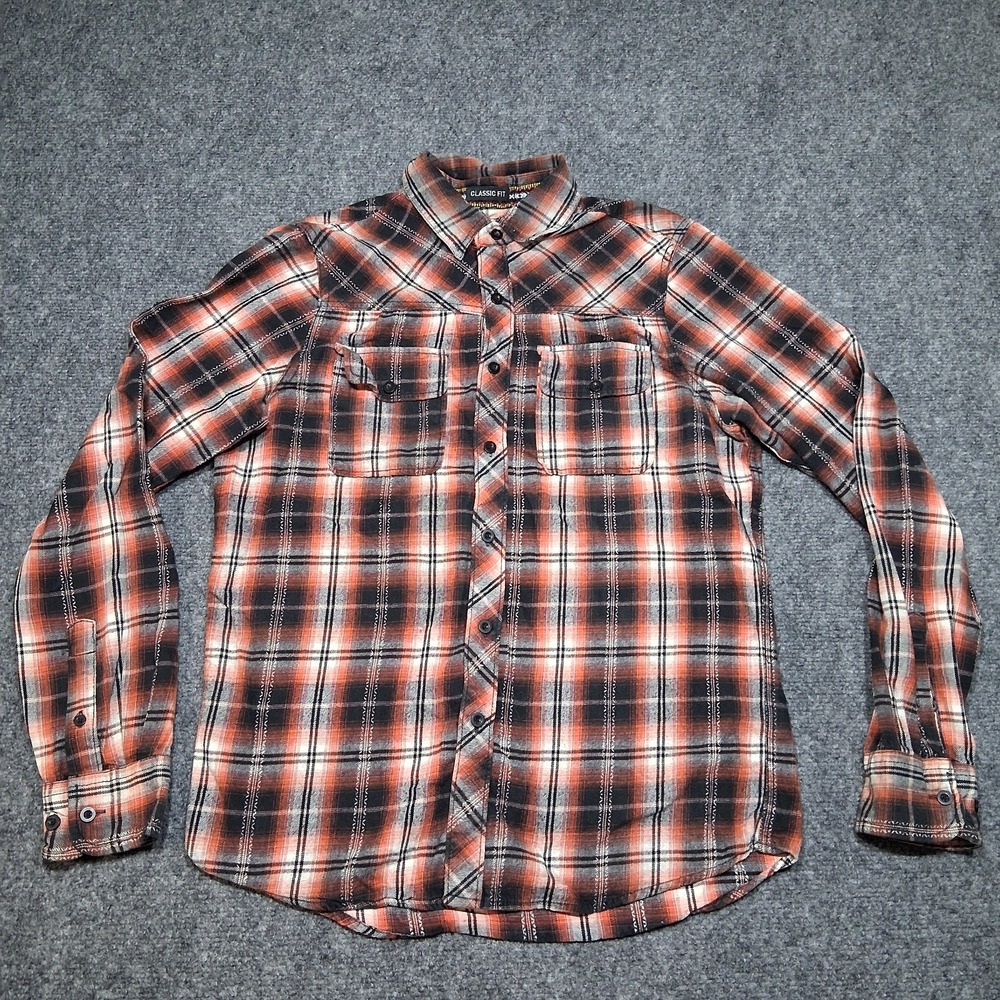 Carbon Mens Flannel Shirt Small Orange Black Plaid Classic Fit Cotton RN70829